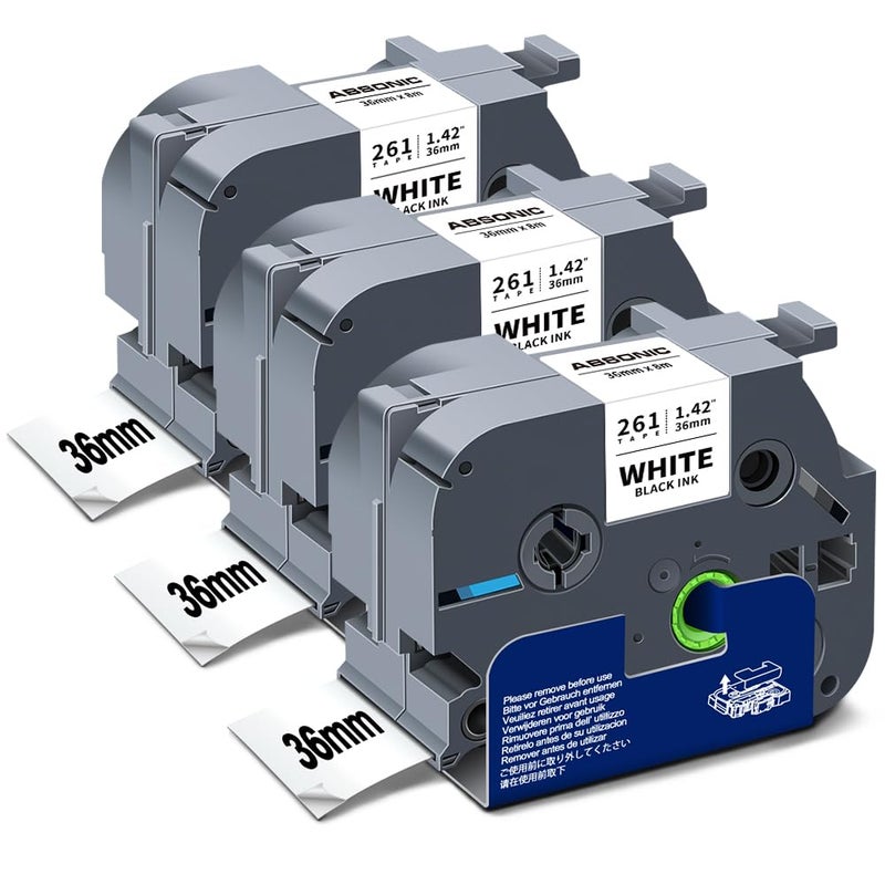 Absonic 36mm Tz-261 Black on White Label Tape Compatible for Brother Tze-261 1-1/2'' P Touch Tz Tze 1.42' Laminated White Tz Tape for Ptouch PT-P910BT PT3600 PT9600 PT9700PC Label Maker, 3-Pack - Image 1